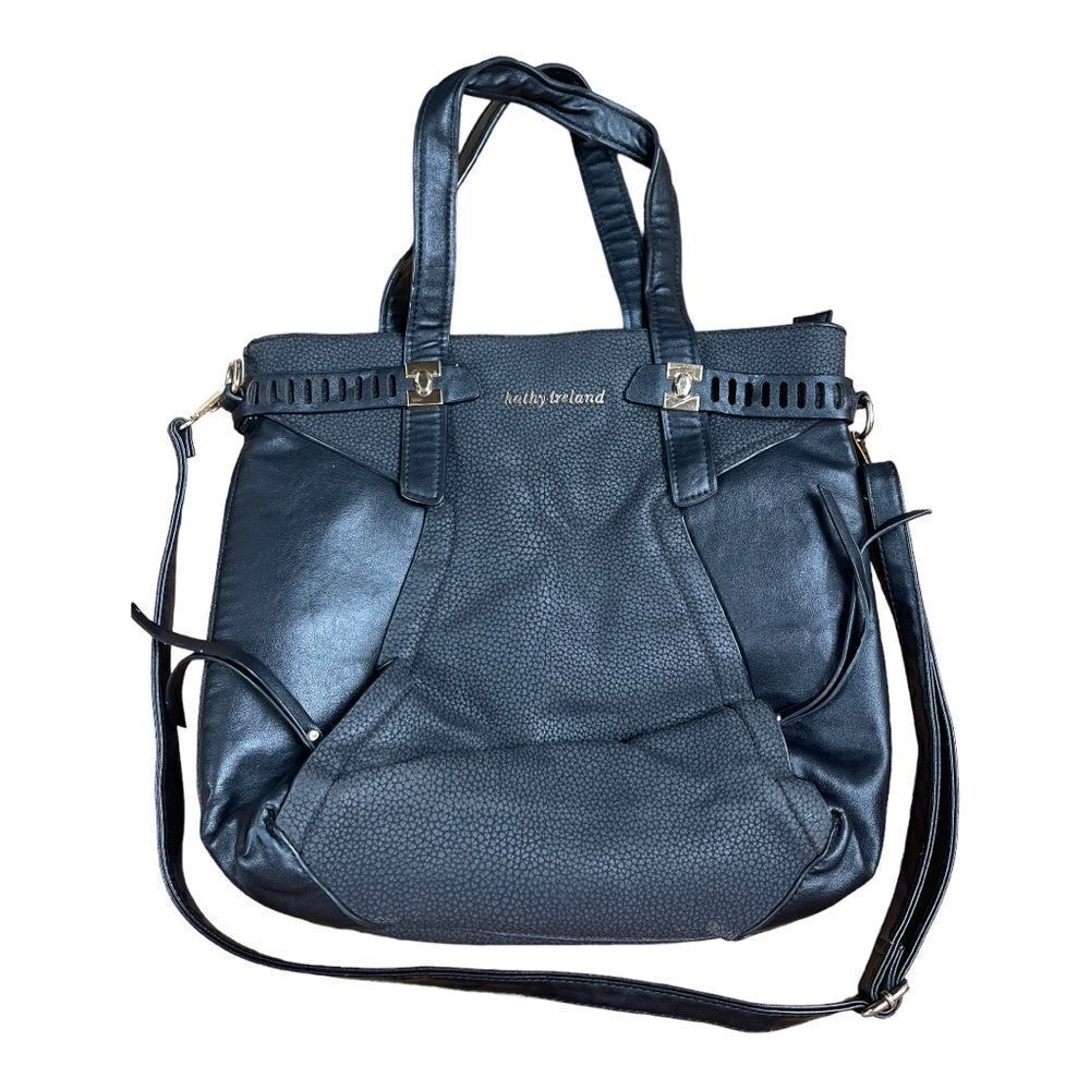Kathy Ireland Faux Leather Black Moto Shoulder Bag Large Modern Crossbody EUC